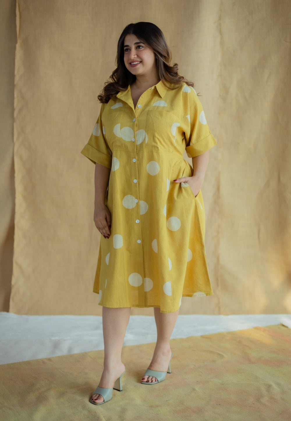Falak Mustard Hand Block Print Slub Cotton A Line Dress