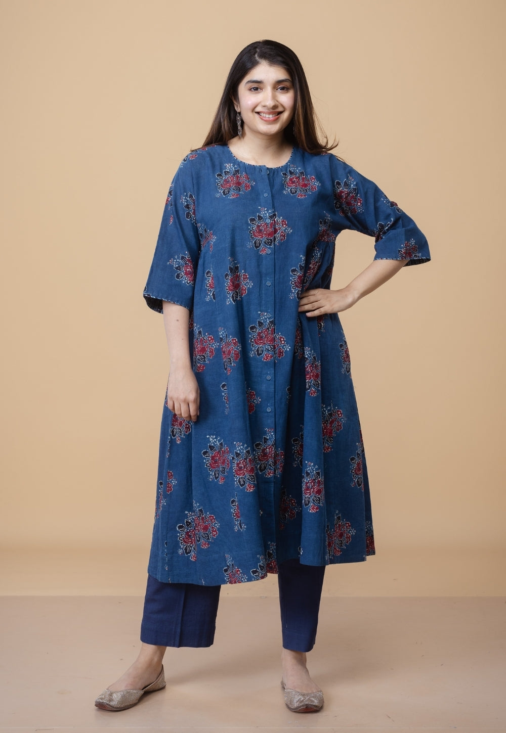 Naila Blue Dabu Slub Cotton Kali Kurta Set (Set of 2)