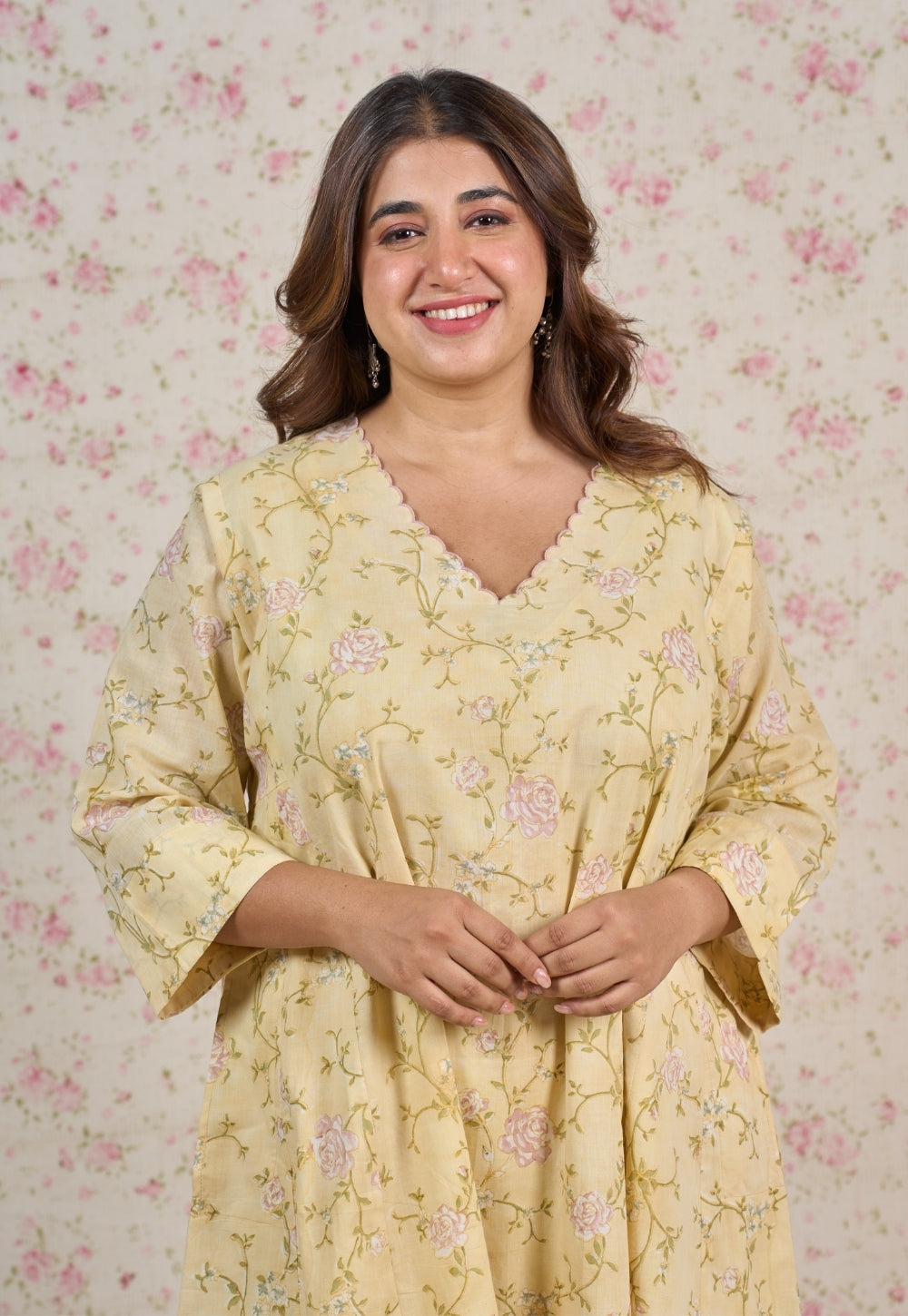 Helen Yellow Sanganeri Mul Cotton Jhabbha Kali Kurta with Embroidery