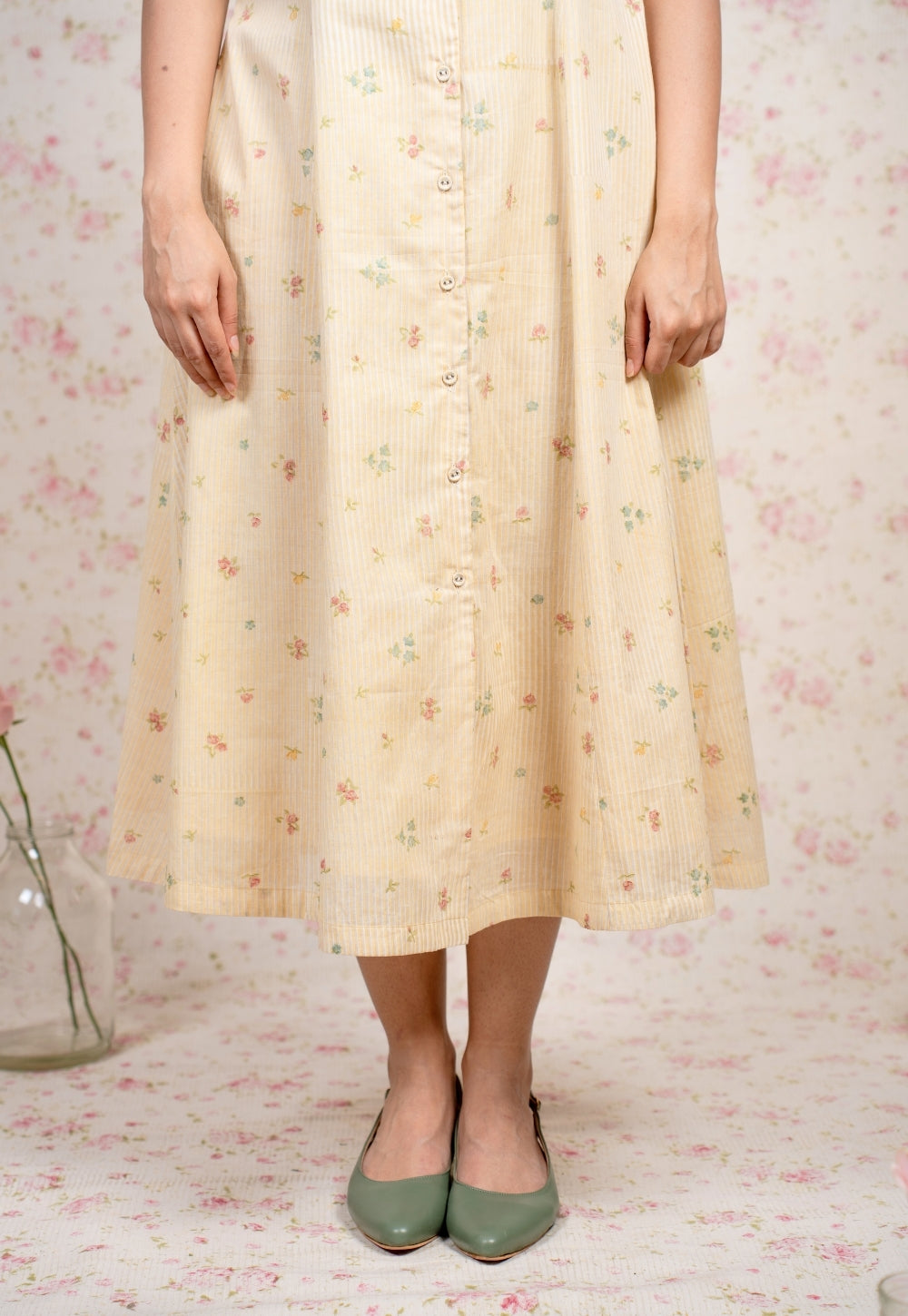 Nancy Yellow Sanganeri Mul Cotton A Line Dress