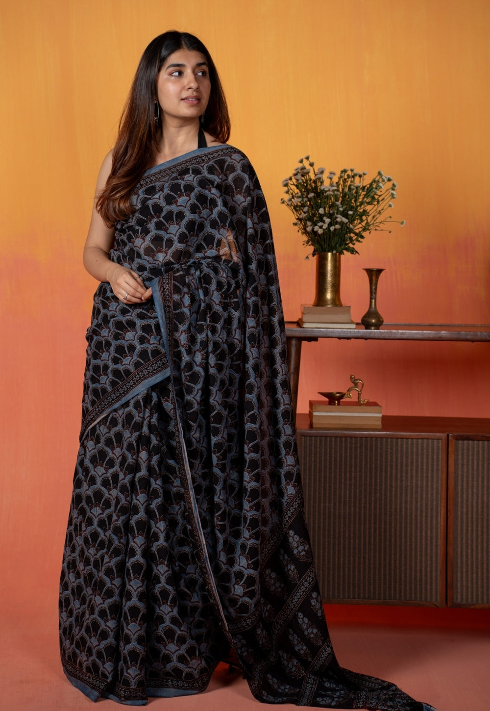 Black Clamshell Ajrakh Hand Block Print Mul Saree