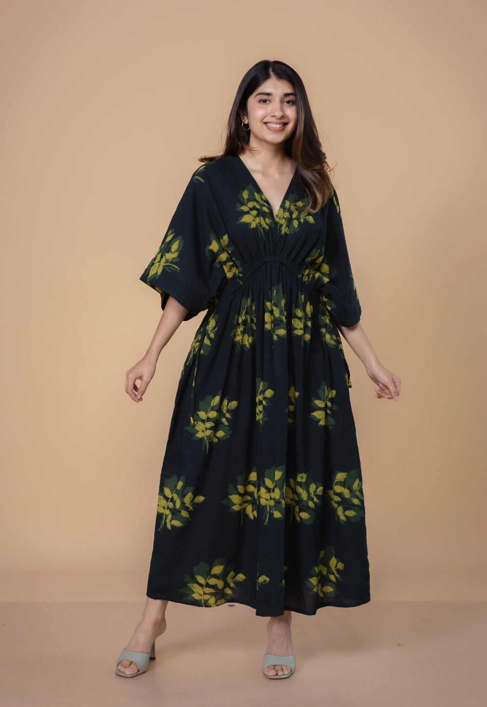 Jiana Green Dabu Slub Cotton Kaftan Dress