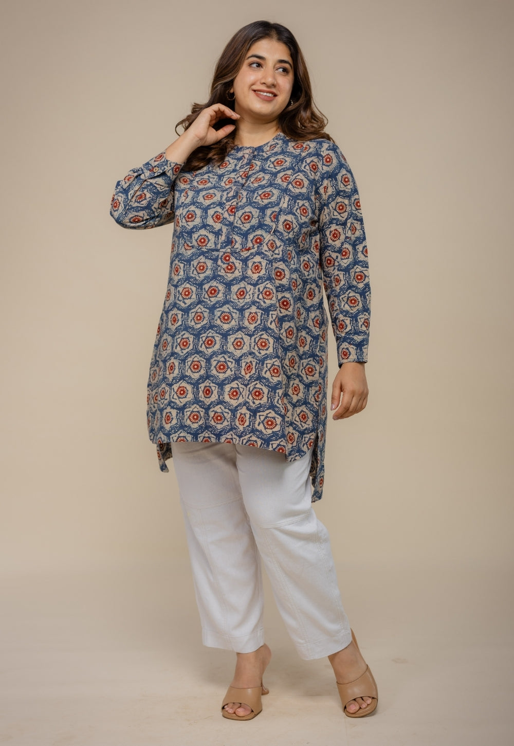 Naaz Blue Ajrakh Cotton A Line Short Top