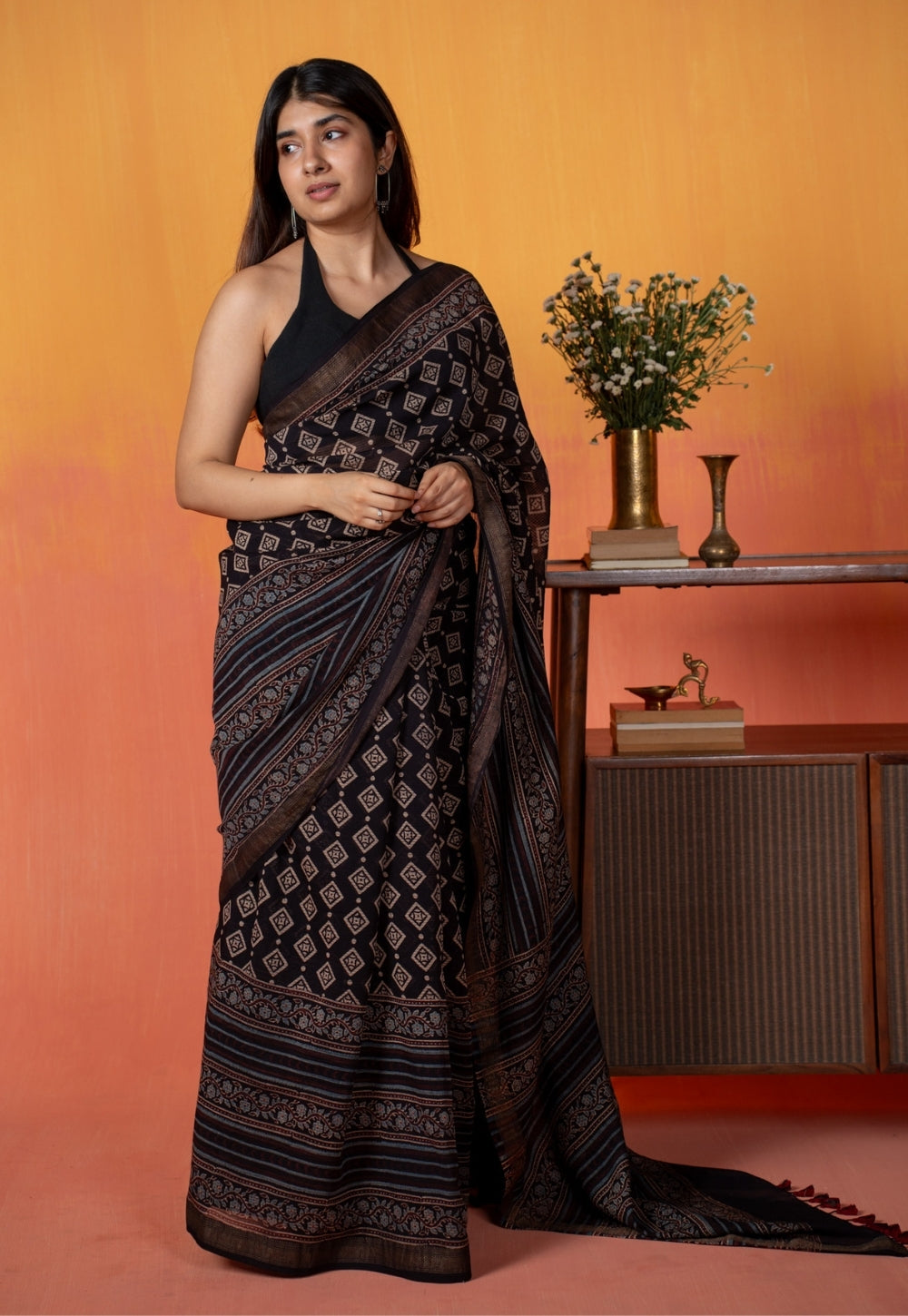 Black Aztec Ajrakh Hand Block Print Maheshwari Saree