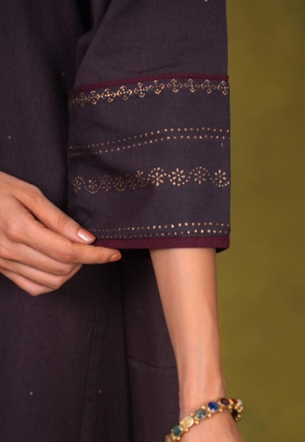 Zohra Aubergine Rogan Handblock Printed Cotton Jhabbha Kali Kurta Suit Set (Set of 3)