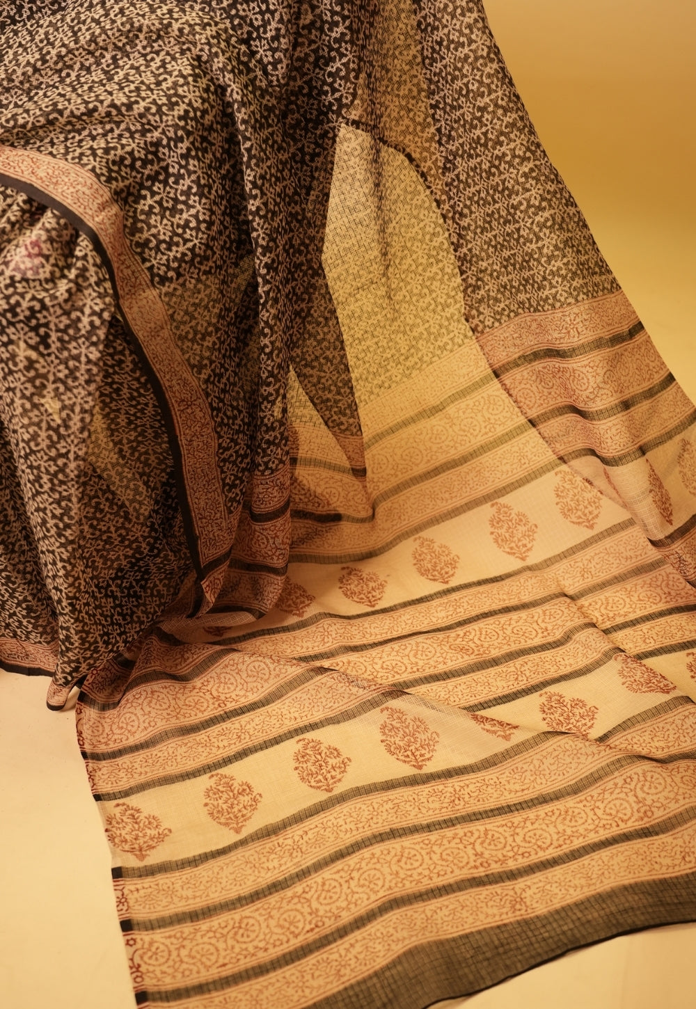 Black Butti Bagru Hand Block Print Kota Doria Saree