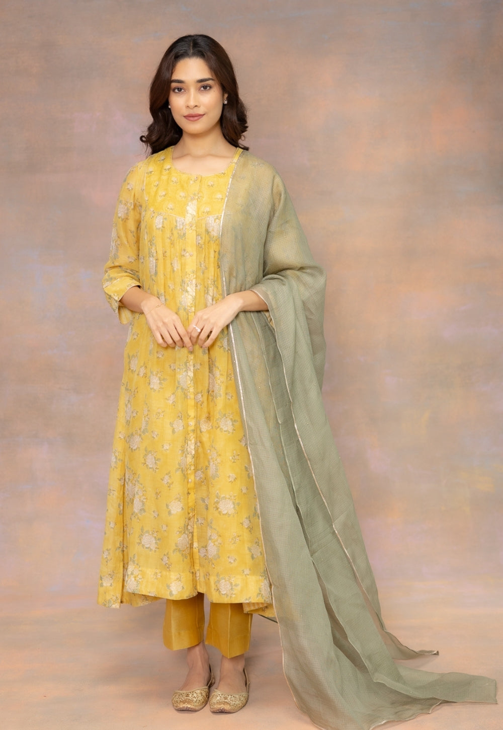 Army Green Solid Kota Doria Silk Dupatta with Mukaish Detailing