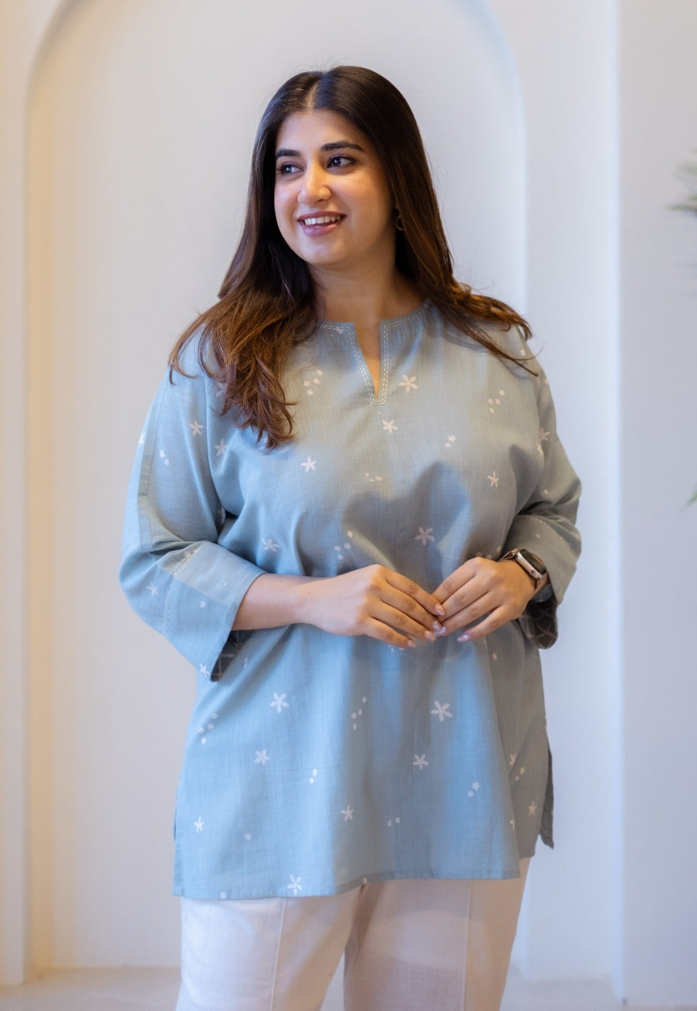 Lyla Sky Blue Hand Block Print Slub Cotton Straight Short Top with Hand Embroidery