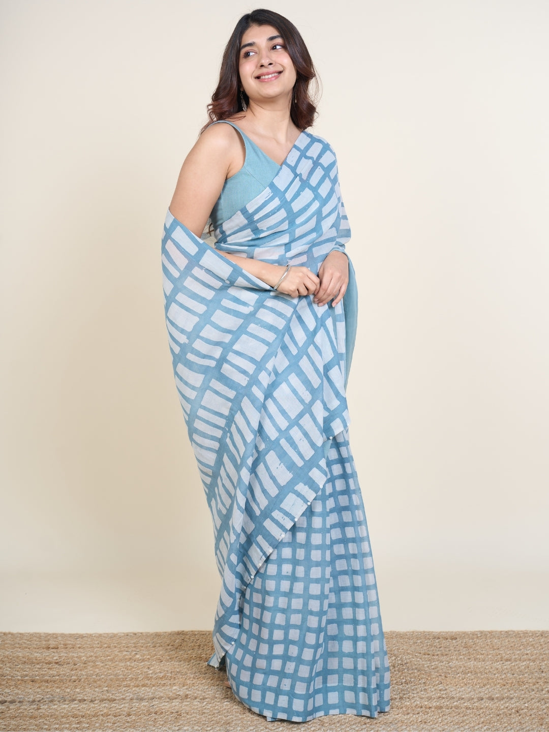 Mishi Blue Batik Hand Block Print Mul Cotton Saree with Embroidery