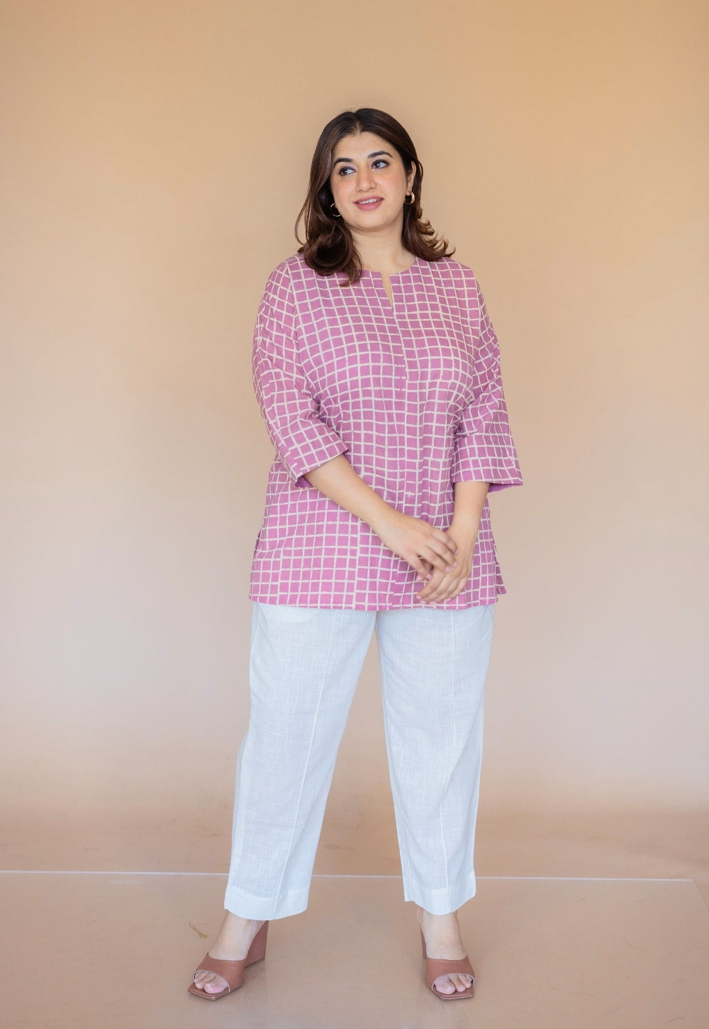 Lyla Pink Hand Block Print Slub Cotton Straight Short Top