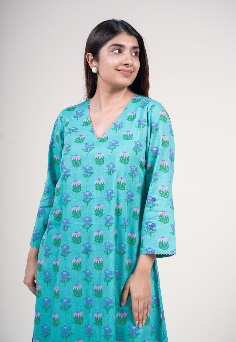 Neel Teal Blue Printed Mul A Line Kurta with Hand Embroidery