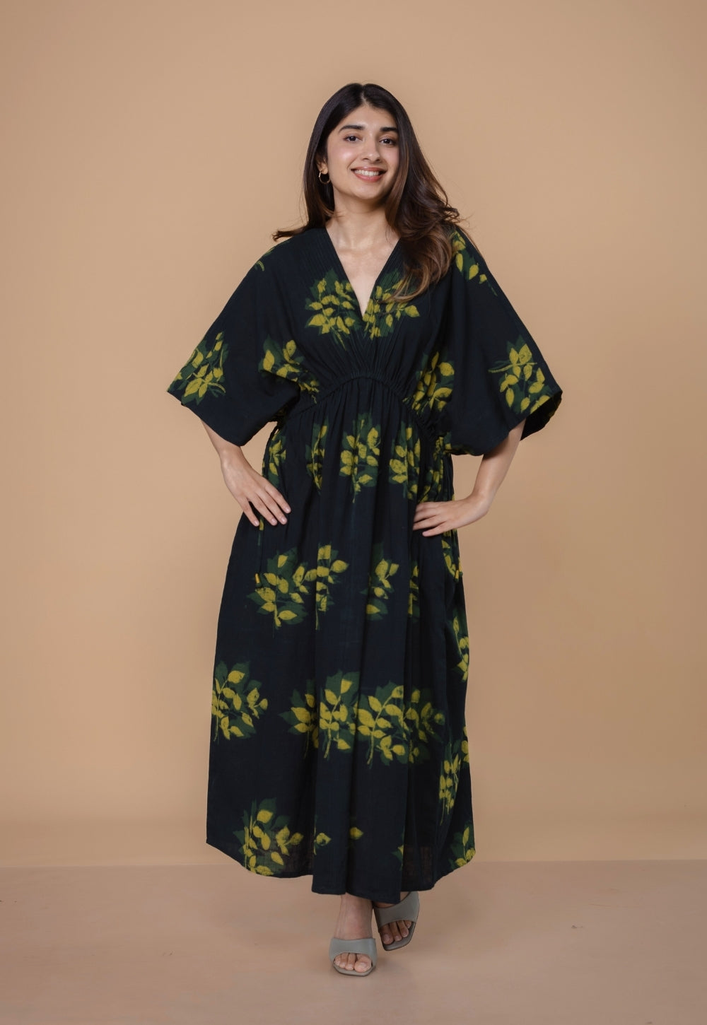 Jiana Green Dabu Slub Cotton Kaftan Dress