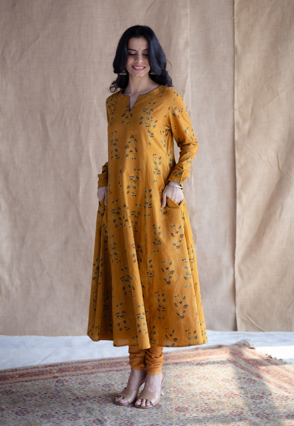 Shinat Mustard Ajrakh Cotton Kali Kurta with Hand Embroidery