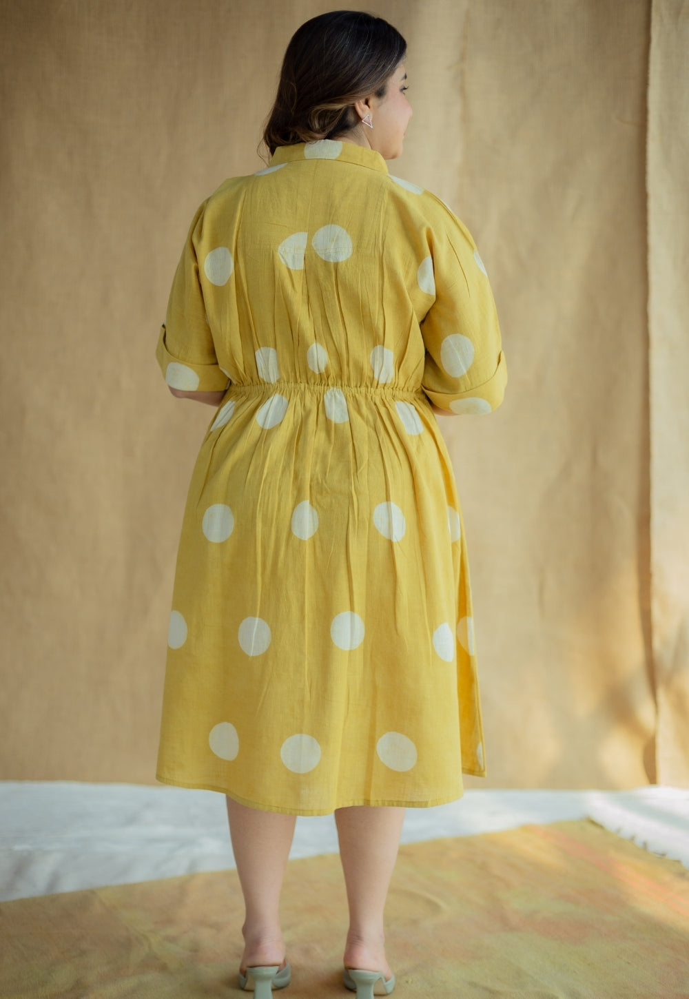 Falak Mustard Hand Block Print Slub Cotton A Line Dress
