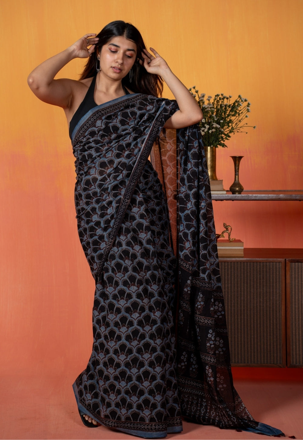 Black Clamshell Ajrakh Hand Block Print Mul Saree