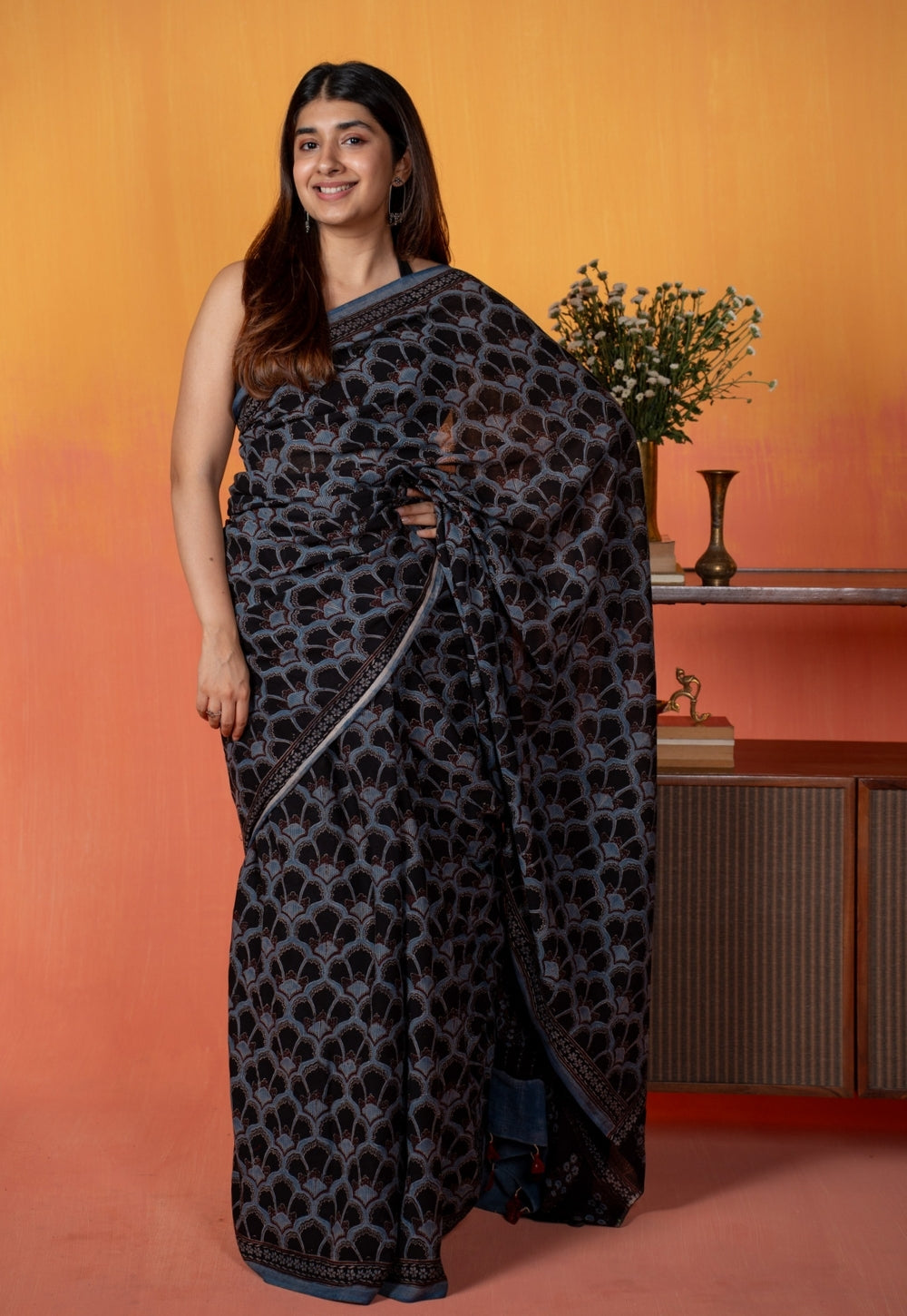 Black Clamshell Ajrakh Hand Block Print Mul Saree