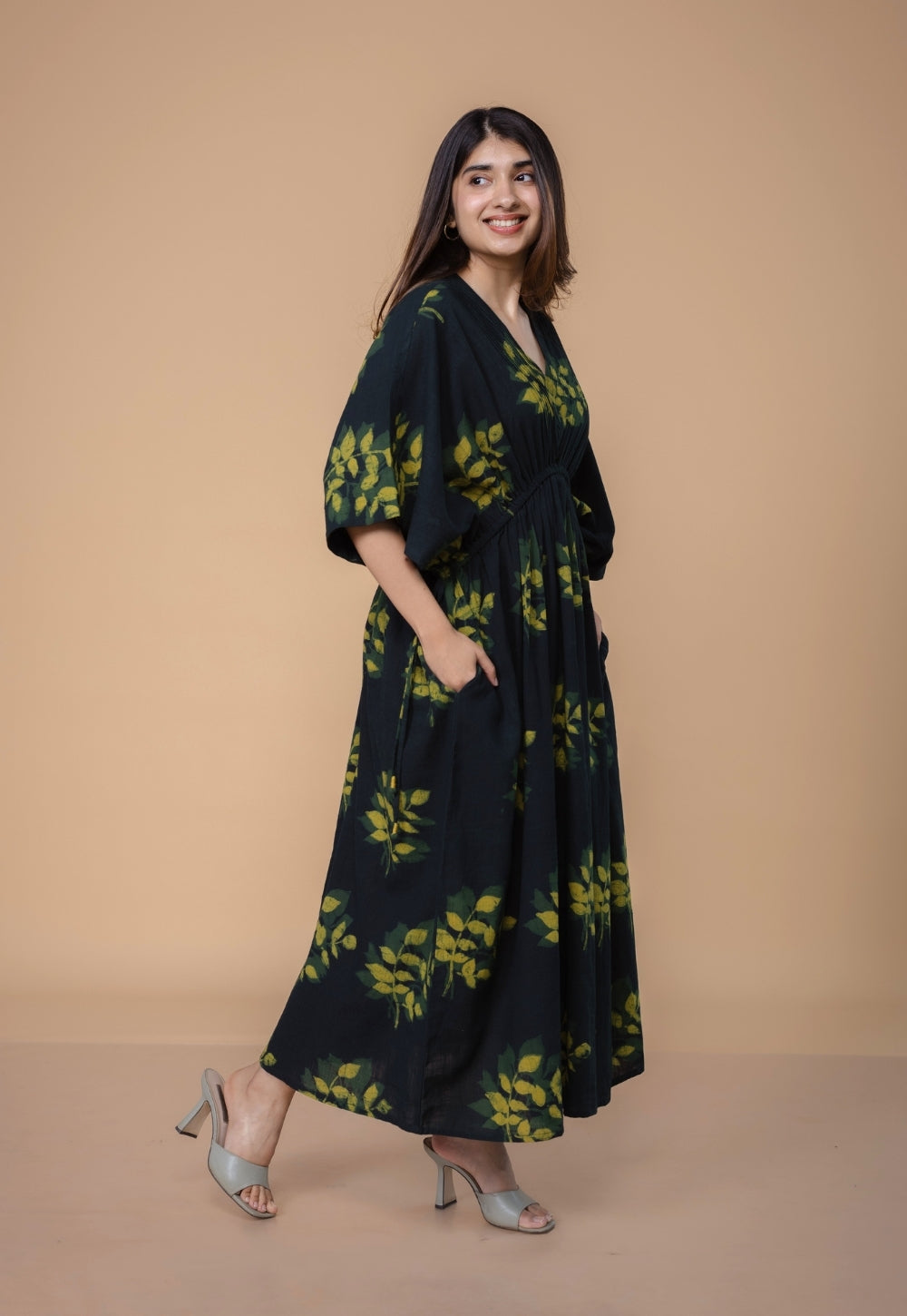 Jiana Green Dabu Slub Cotton Kaftan Dress
