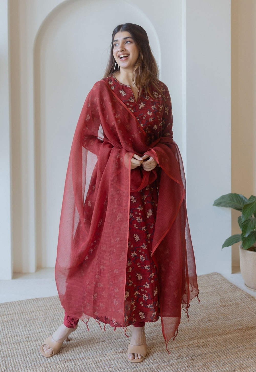 Red Solid Kota Doria Cotton Dupatta