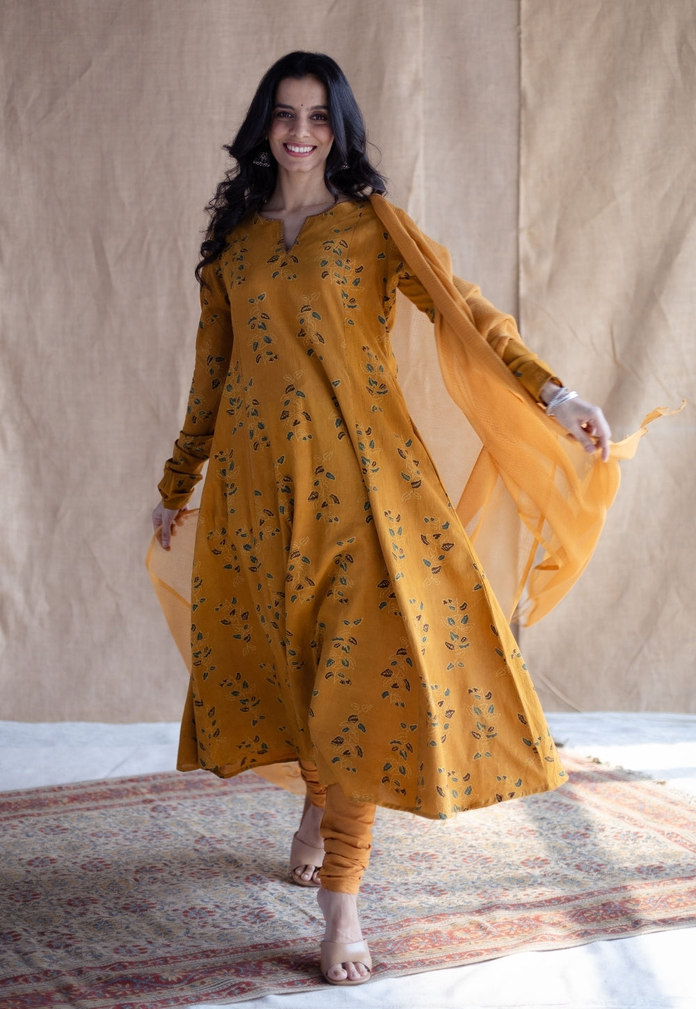 Shinat Mustard Ajrakh Cotton Kali Kurta with Hand Embroidery