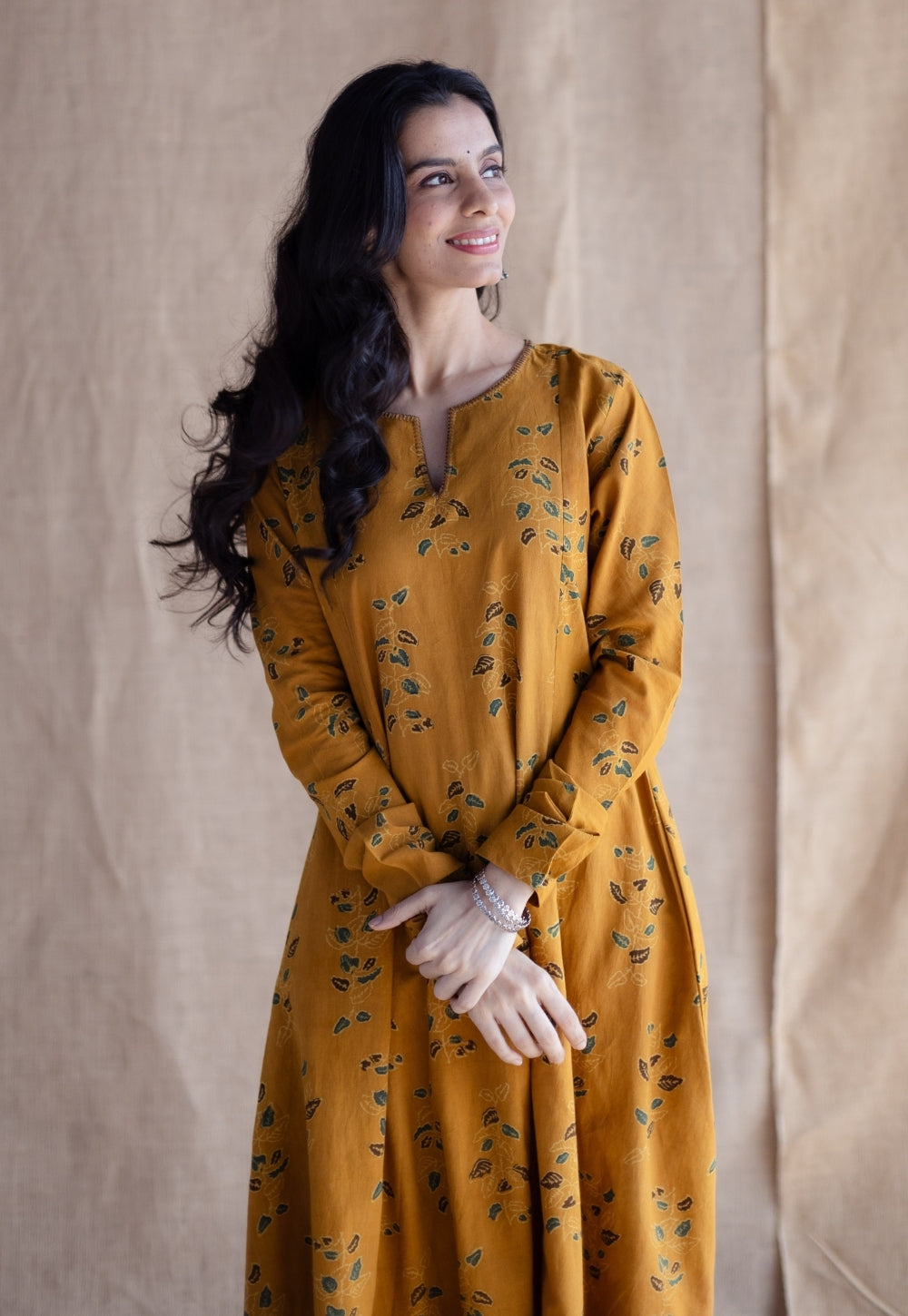 Shinat Mustard Ajrakh Cotton Kali Kurta with Hand Embroidery