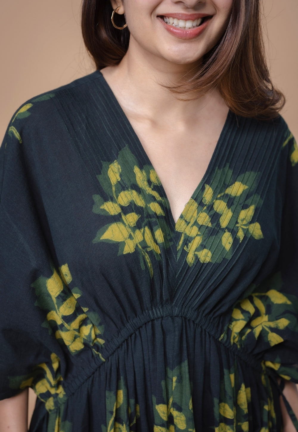 Jiana Green Dabu Slub Cotton Kaftan Dress
