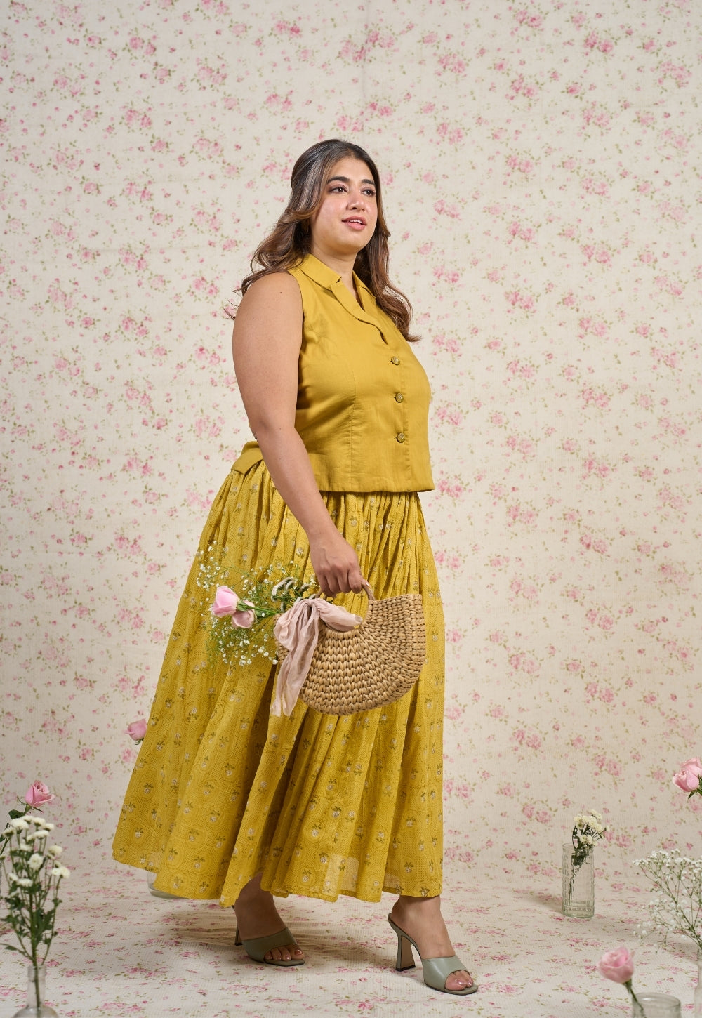 Jenny Yellow Sanganeri Mul Cotton A Line Skirt