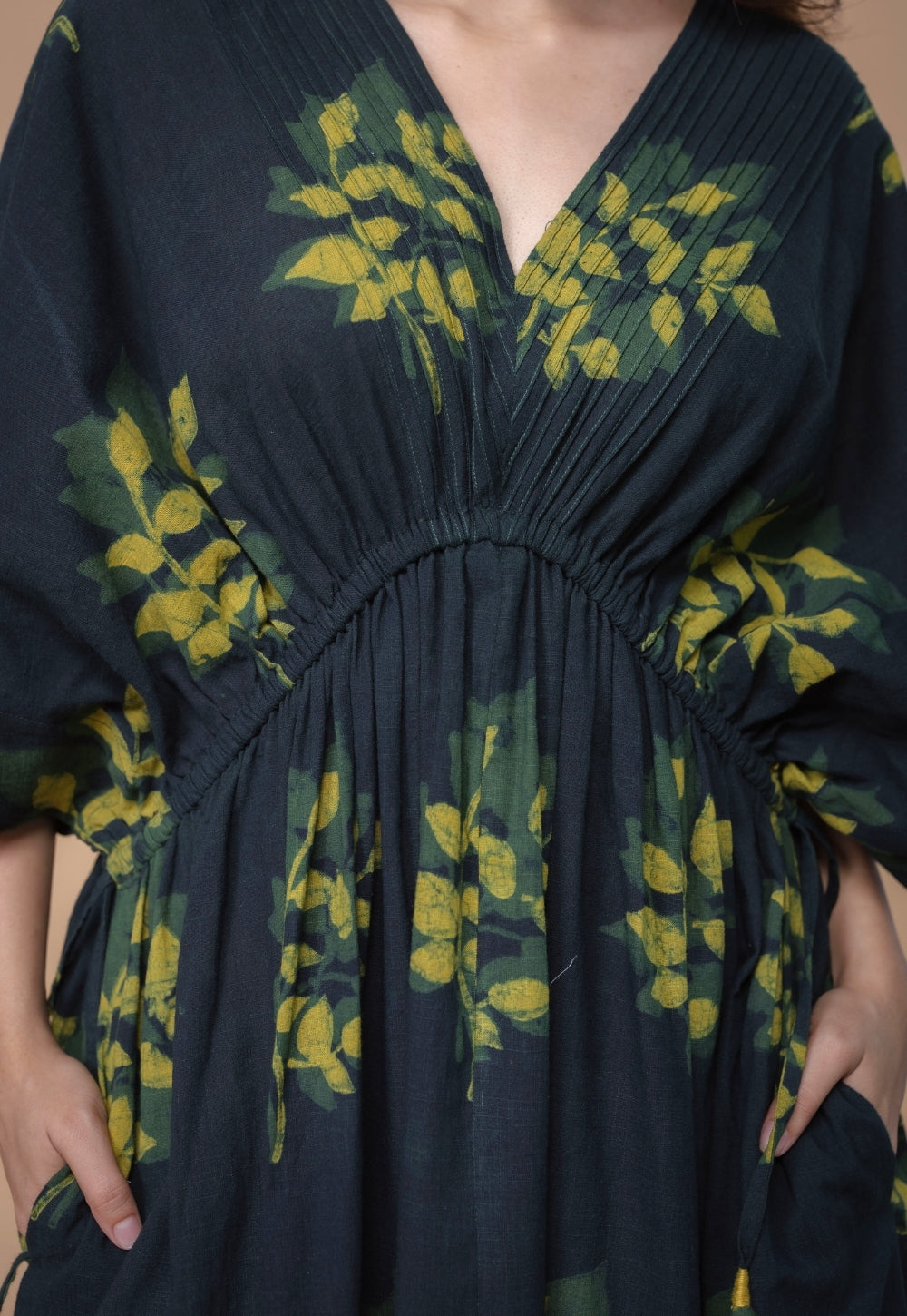 Jiana Green Dabu Slub Cotton Kaftan Dress