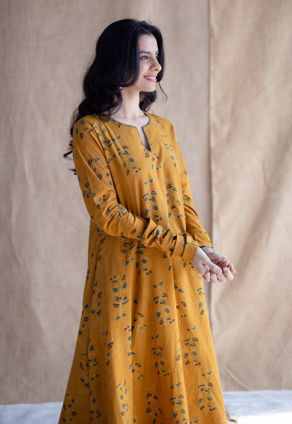 Shinat Mustard Ajrakh Cotton Kali Kurta with Hand Embroidery