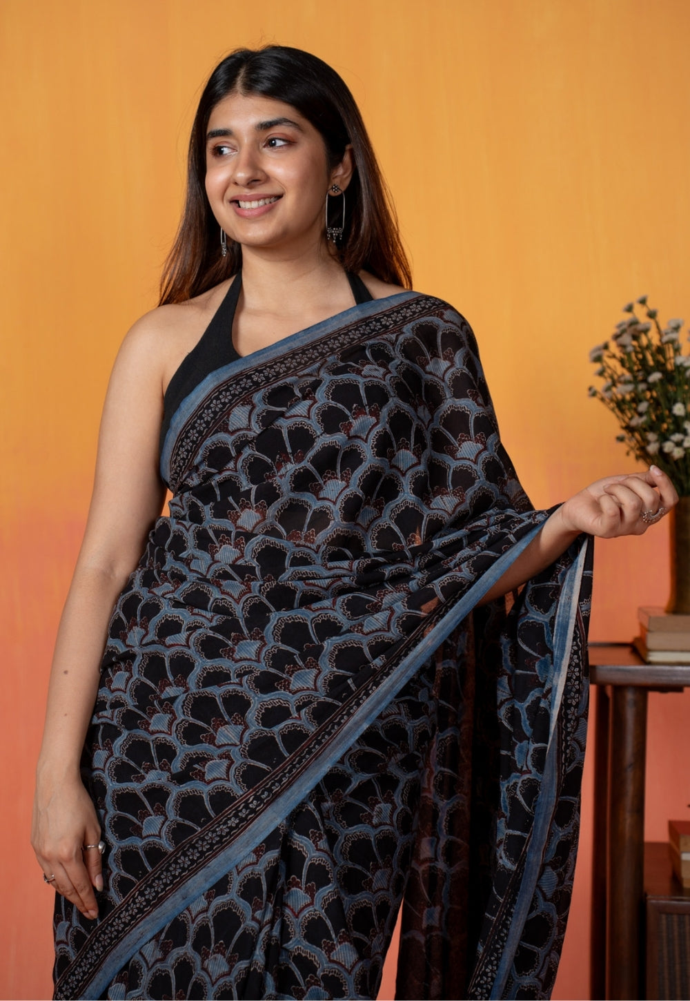 Black Clamshell Ajrakh Hand Block Print Mul Saree