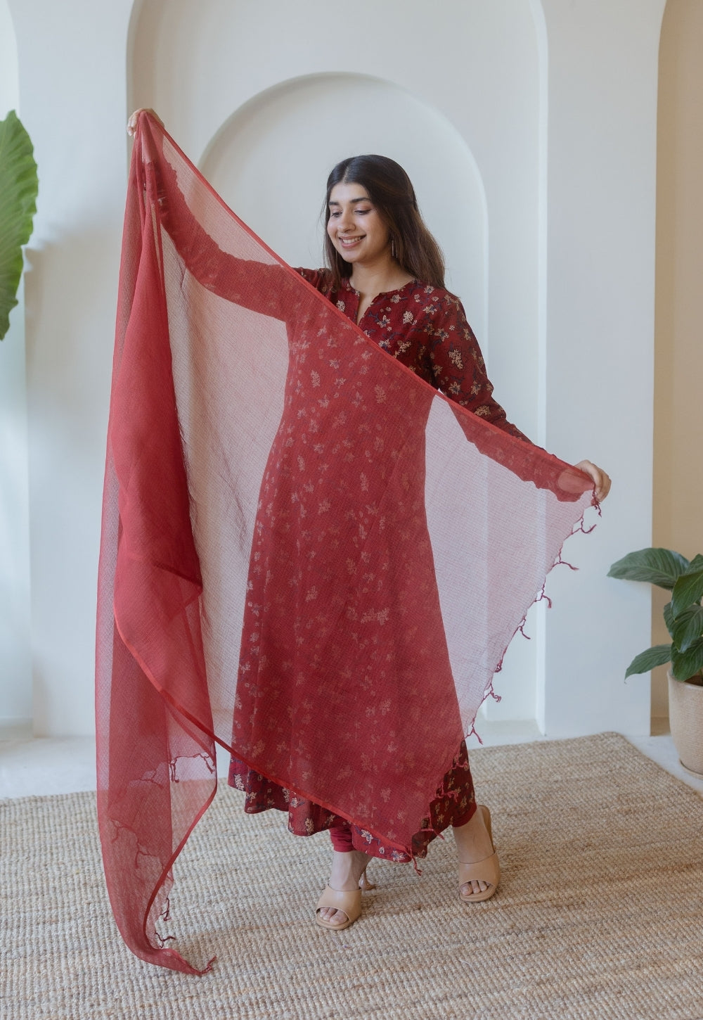 Red Solid Kota Doria Cotton Dupatta