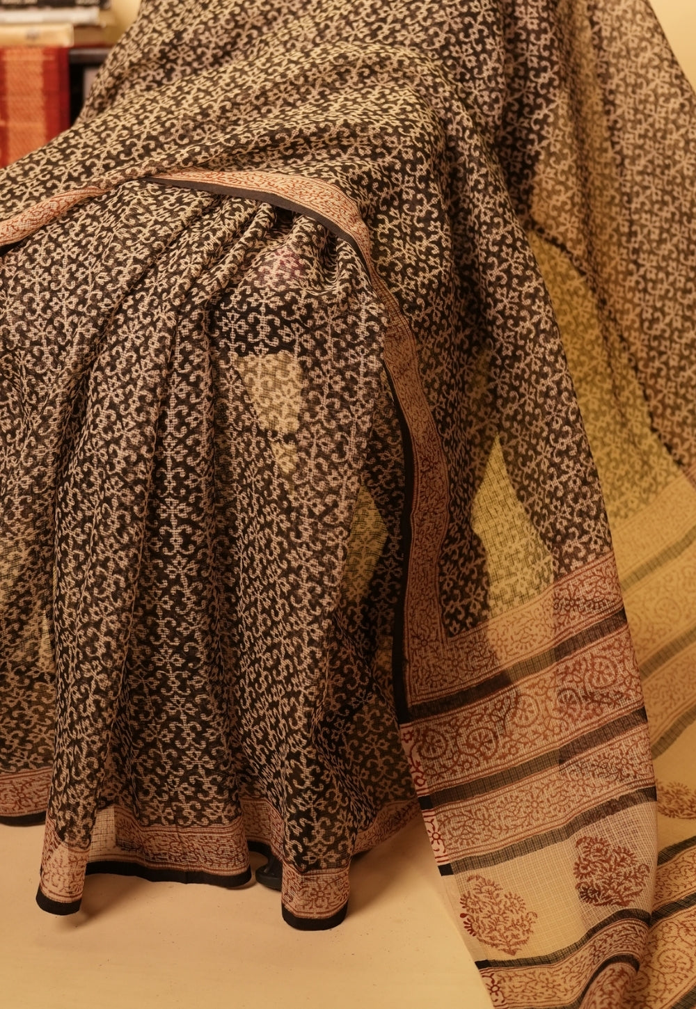 Black Butti Bagru Hand Block Print Kota Doria Saree