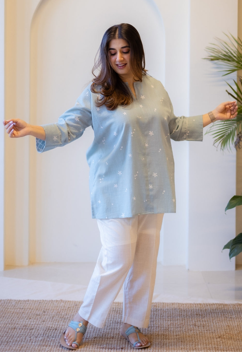 Lyla Sky Blue Hand Block Print Slub Cotton Straight Short Top with Hand Embroidery