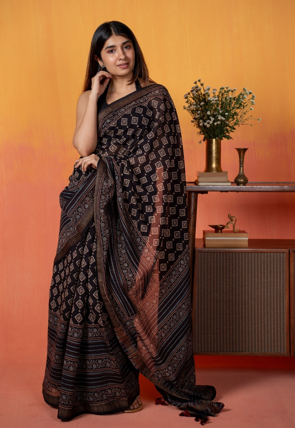 Black Aztec Ajrakh Hand Block Print Maheshwari Saree