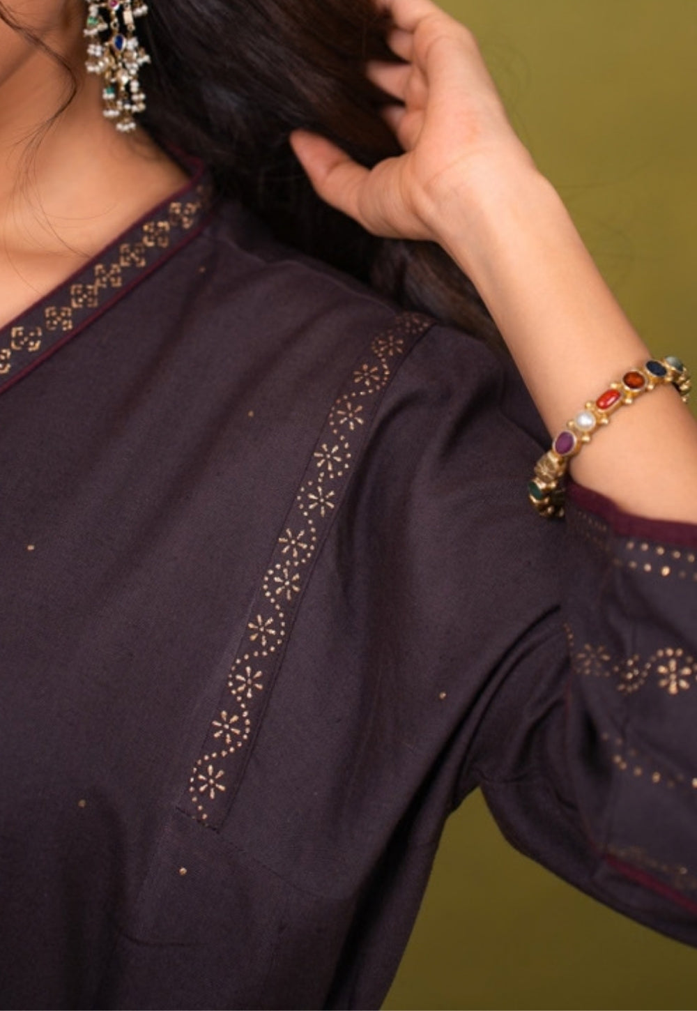 Zohra Aubergine Rogan Handblock Printed Cotton Jhabbha Kali Kurta Suit Set (Set of 3)