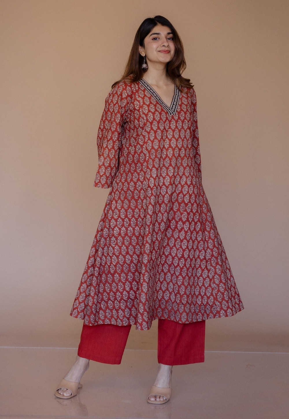 Sarah Red Bagru Cotton Kali Suit Set (Set of 3)