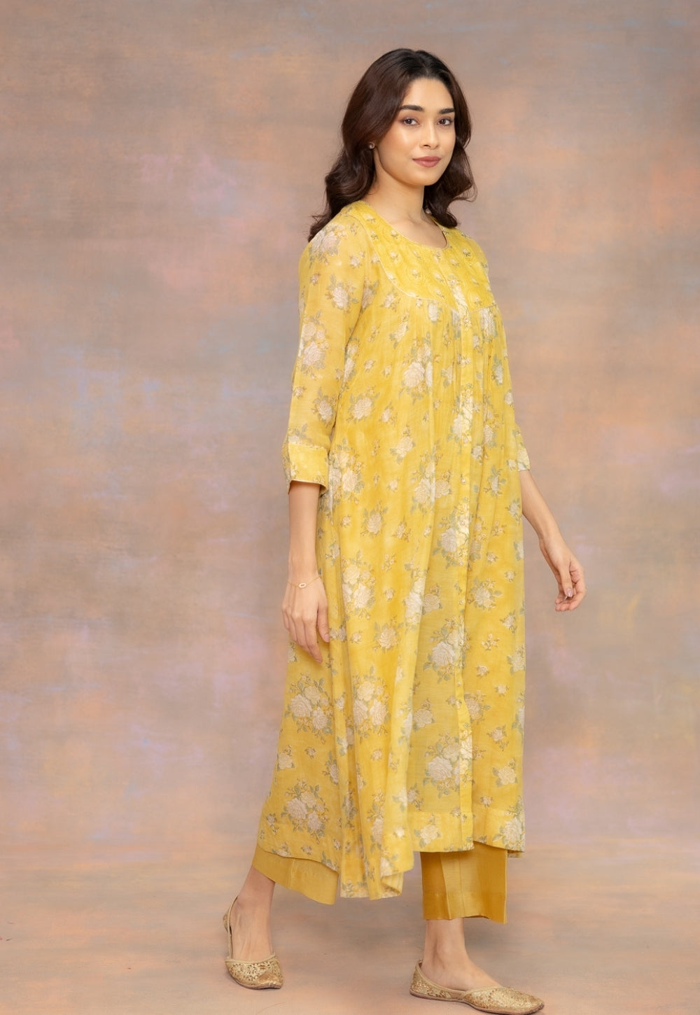 Rosa Yellow Sanganeri Chanderi Silk A Line Kurta with Hand Embroidery and Slip