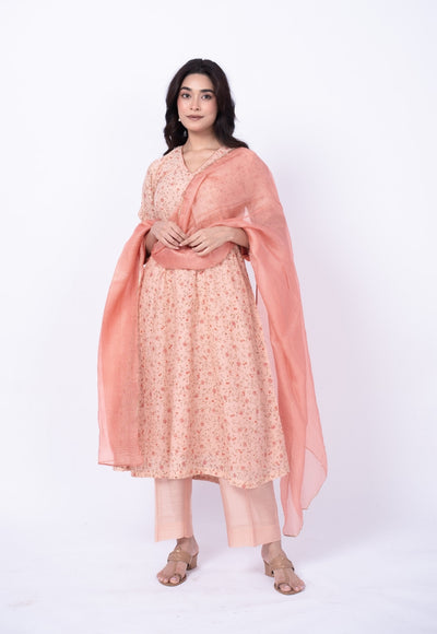 Reva Orange Sanganeri Chanderi Silk A Line Kurta