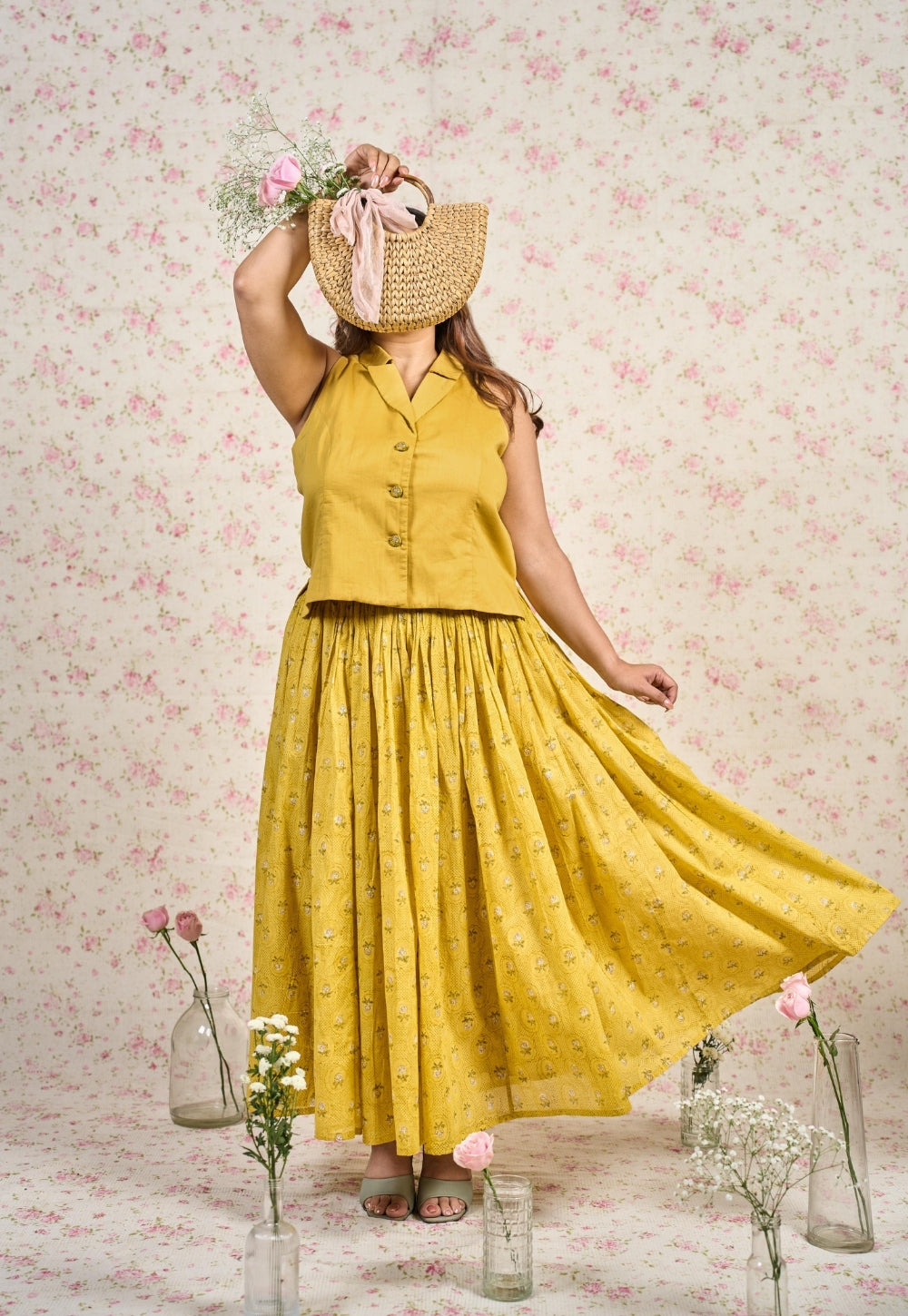 Jenny Yellow Sanganeri Mul Cotton A Line Skirt