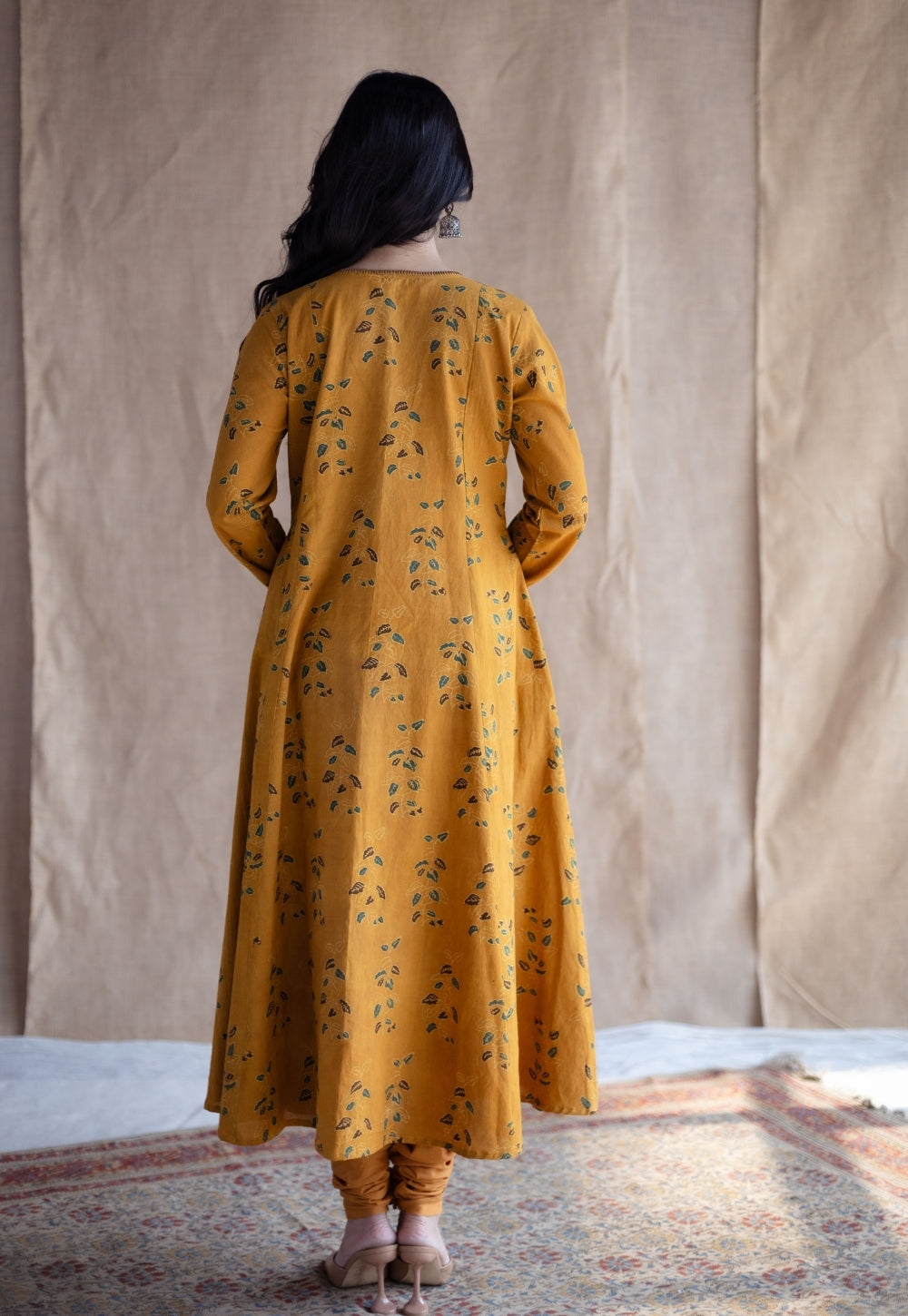 Shinat Mustard Ajrakh Cotton Kali Kurta with Hand Embroidery