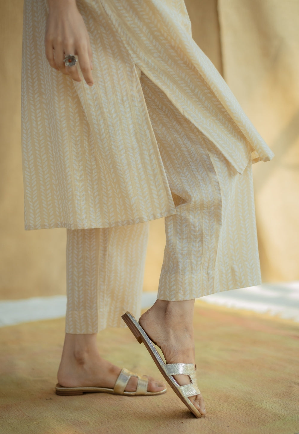 Yashi Cream Hand Block Print Slub Cotton Straight Pant