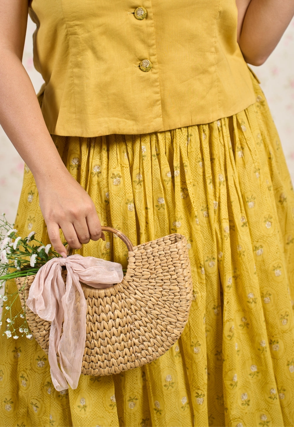 Jenny Yellow Sanganeri Mul Cotton A Line Skirt