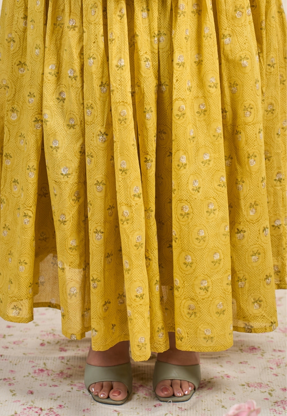 Jenny Yellow Sanganeri Mul Cotton A Line Skirt