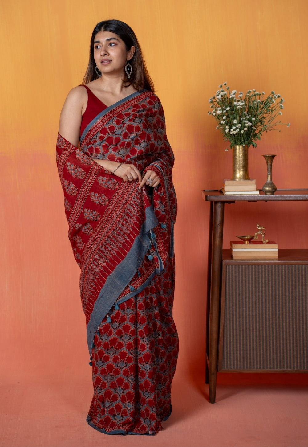 Red Clamshell Ajrakh Hand Block Print Mul Saree