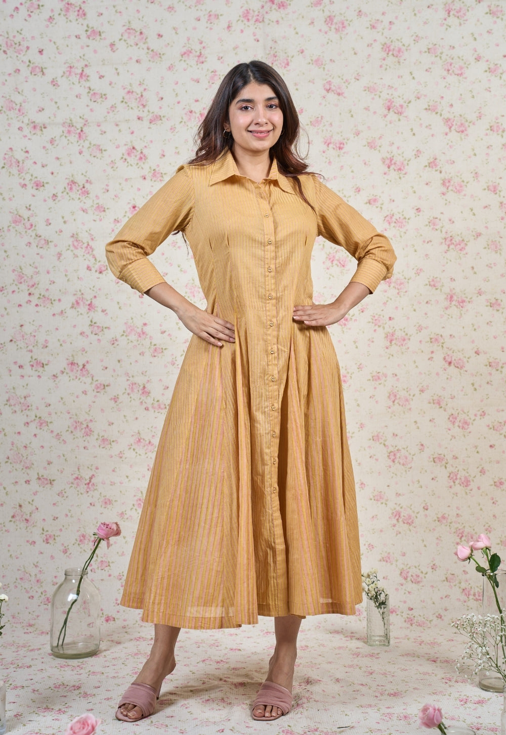 Claire Yellow Sanganeri Mul Cotton A Line Dress