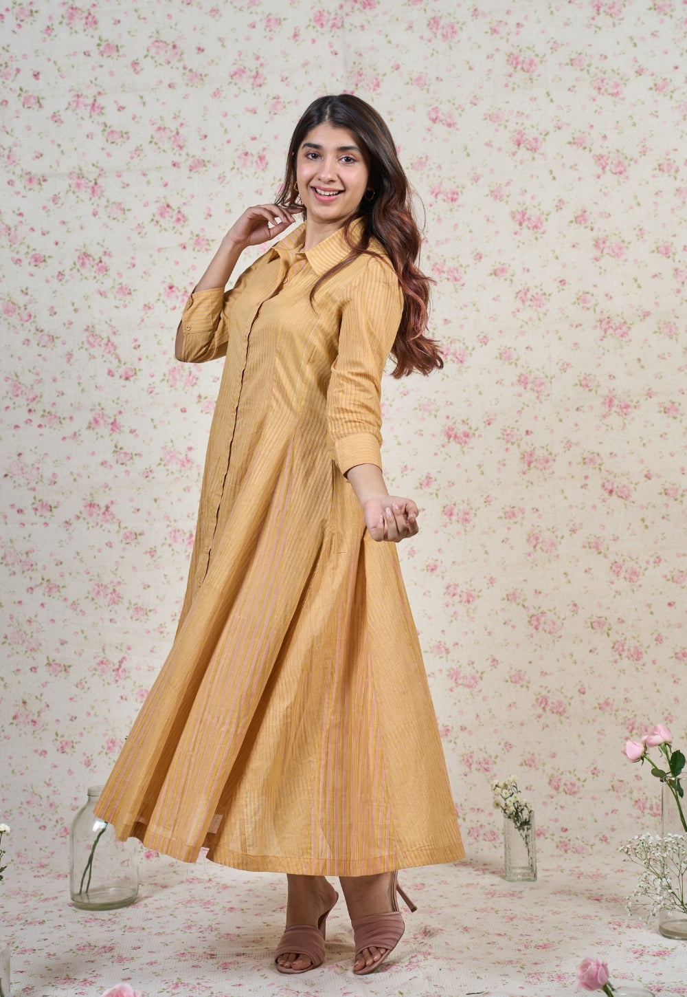 Claire Yellow Sanganeri Mul Cotton A Line Dress