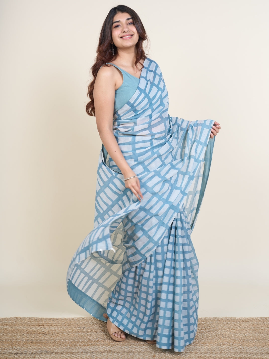 Mishi Blue Batik Hand Block Print Mul Cotton Saree with Embroidery