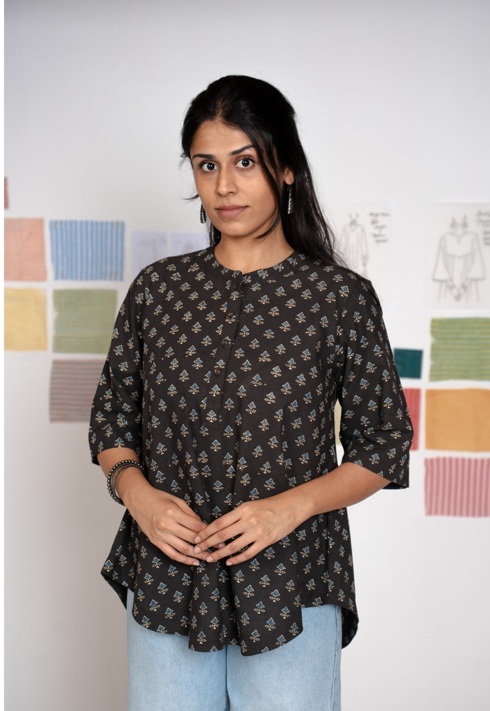 Ruby Black Ajrakh Cotton A Line Short Top