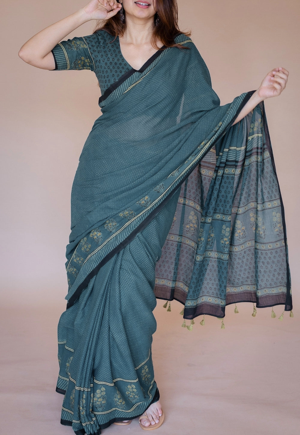 Green Floral Ajrakh Hand Block Print Mul Saree