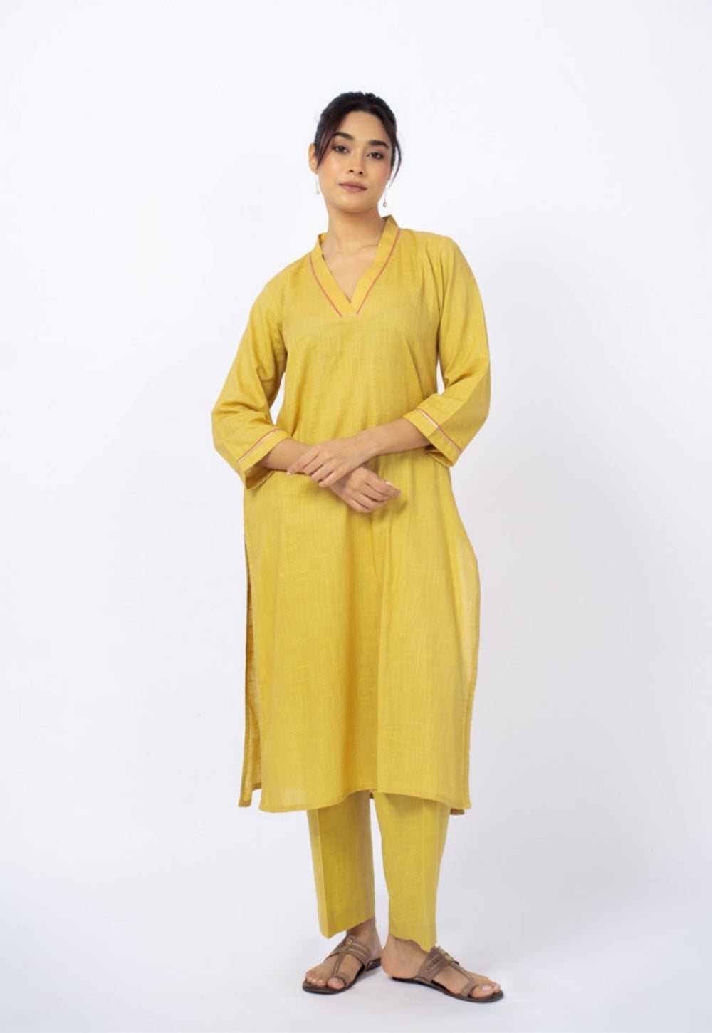 Zeenat Yellow Solid Slub Cotton Straight Kurta Suit Set with Solid Dupatta (Set of 3)