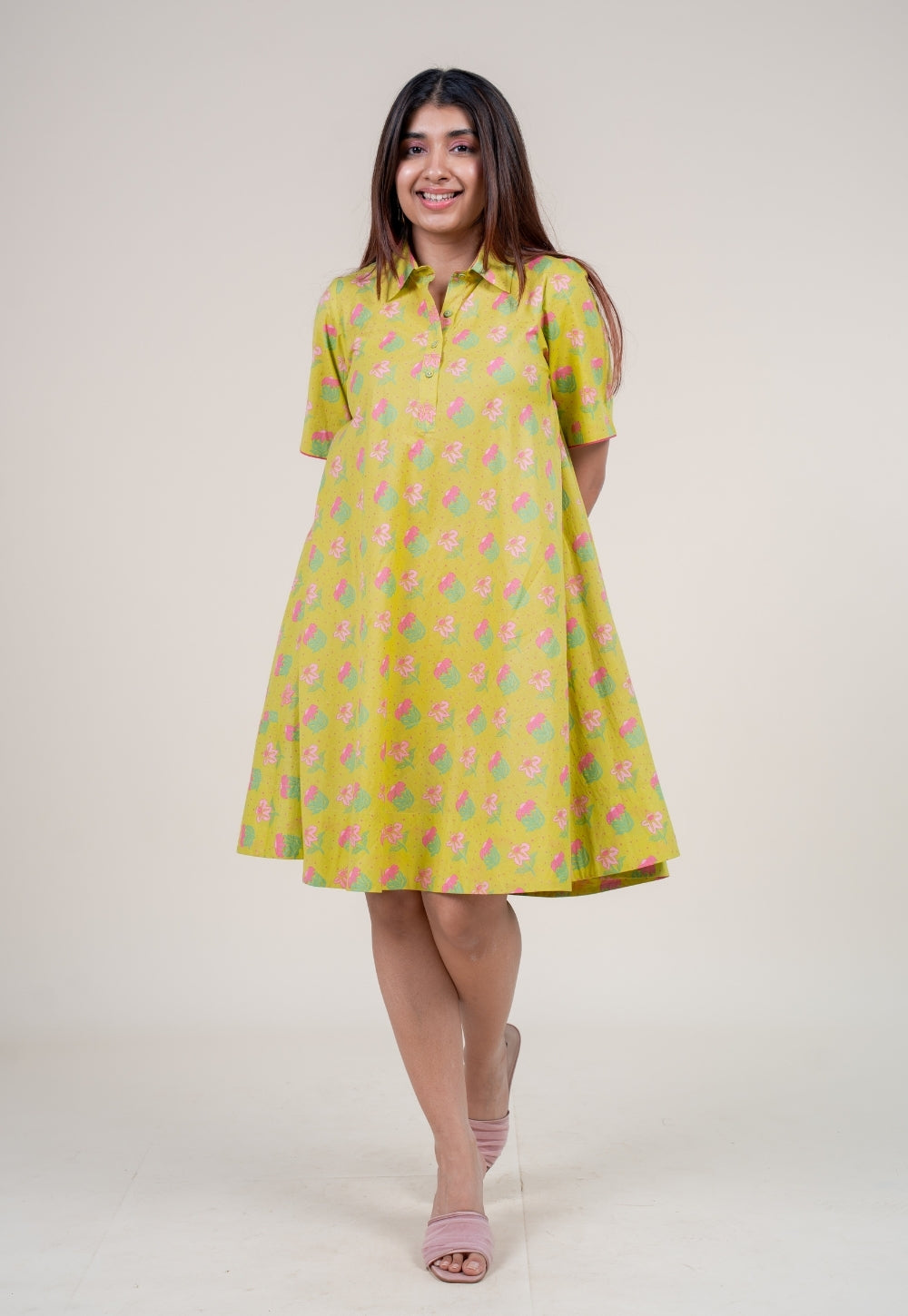 Srisha Lime Green Printed Cotton A Line Dress